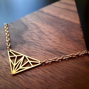 Golden triangles on necklace, chain with metal pendant, origami style, delicate link chain, 40-60 cm, handmade, Germany, new