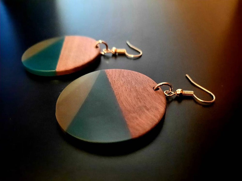 Green-olive wooden earrings in a round shape circular with triangles made of real walnut wood with synthetic resin, new, handmade, Germany, 6 cm image 1