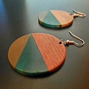 Green-olive wooden earrings in a round shape circular with triangles made of real walnut wood with synthetic resin, new, handmade, Germany, 6 cm image 2