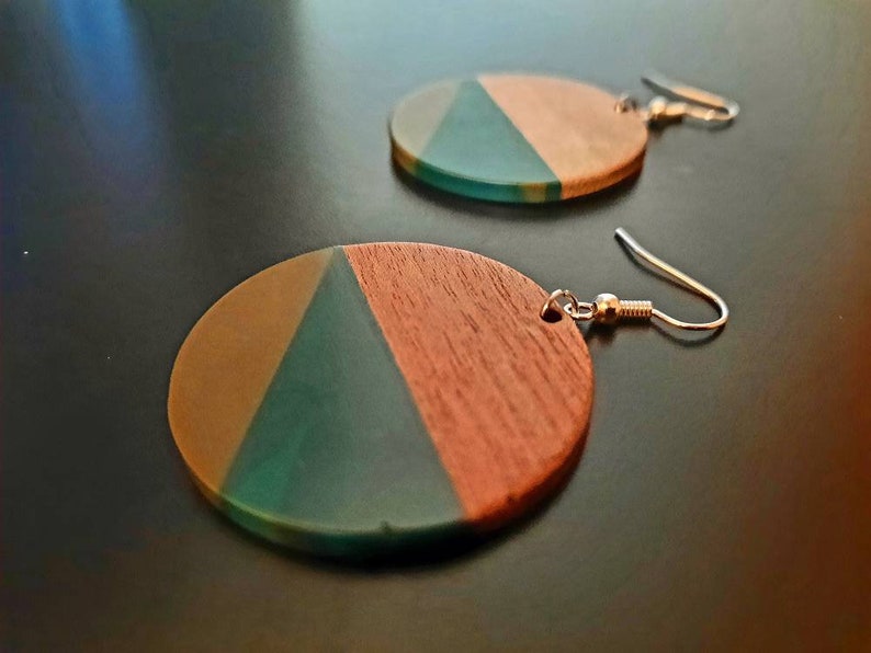 Green-olive wooden earrings in a round shape circular with triangles made of real walnut wood with synthetic resin, new, handmade, Germany, 6 cm image 2