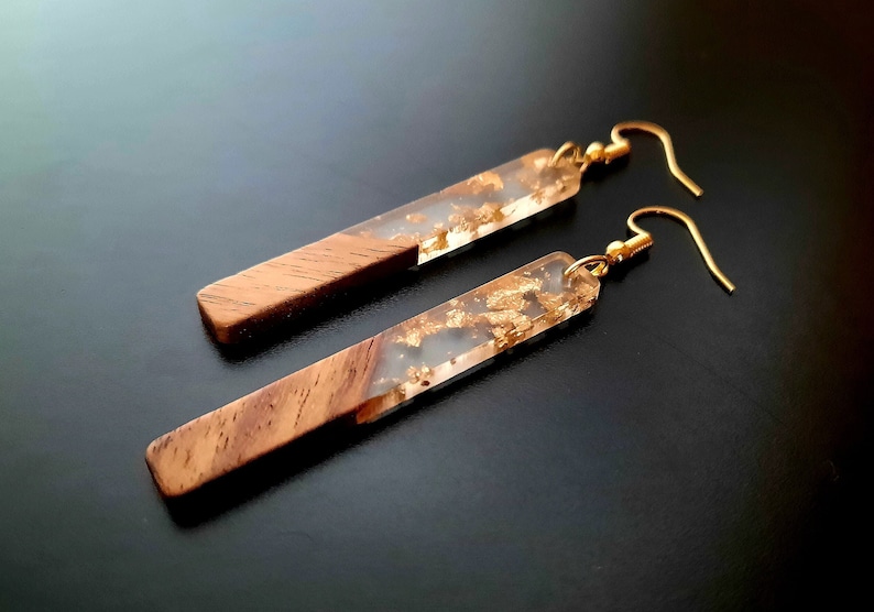 Gold transparent wooden earrings in the form of long sticks made of walnut wood and resin with gold foil, handmade hanging earrings, 7 cm image 1
