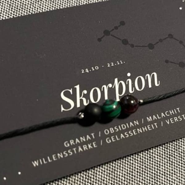 Gemstone bracelet zodiac sign Scorpio, garnet, obsidian, malachite, black hemp cord, bracelet, semi-precious stone, handmade in Germany