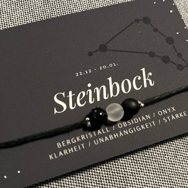 Edelsteinarmband Sternzeichen Steinbock, Bergkristall, Obsidian, Onyx, schwarzes Armband Hanf, ver. Farben, individualisierbar, echte Steine