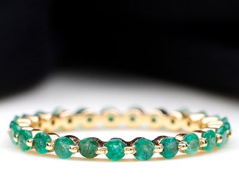 Natural Round Cut Emerald Eternity Ring for Women, Elegant May Birthstone Stackable Ring for Anniversary Gift (14K Yellow Gold, Ring Size 5)
