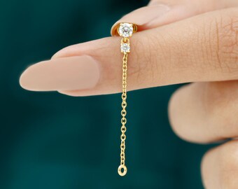 Genuine Diamond Helix Chain Earring for Women, Round Diamond Chain Drop Earring for Cartilage Piercing (Single Piece)