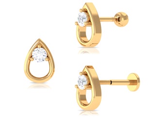 Pear Shaped Diamond Helix Stud Earring for Women in Gold, Minimalist Teardrop Diamond Cartilage Earring for Anniversary Gift (Single Piece)