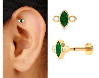 Marquise Emerald Rook Earring for Women with Diamond, Green Emerald Cartilage Stud Earring for Anniversary Gift (Single Piece)