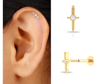 Diamond Knife Stud Earrings For Women, Cartilage Piercing Jewelry, Tragus Earring Gold, Knife Earrings Stud [single piece]