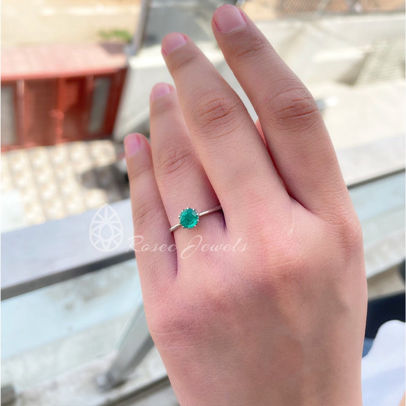 Promise Ring for Her 0.75 CT Created Emerald Solitaire Ring