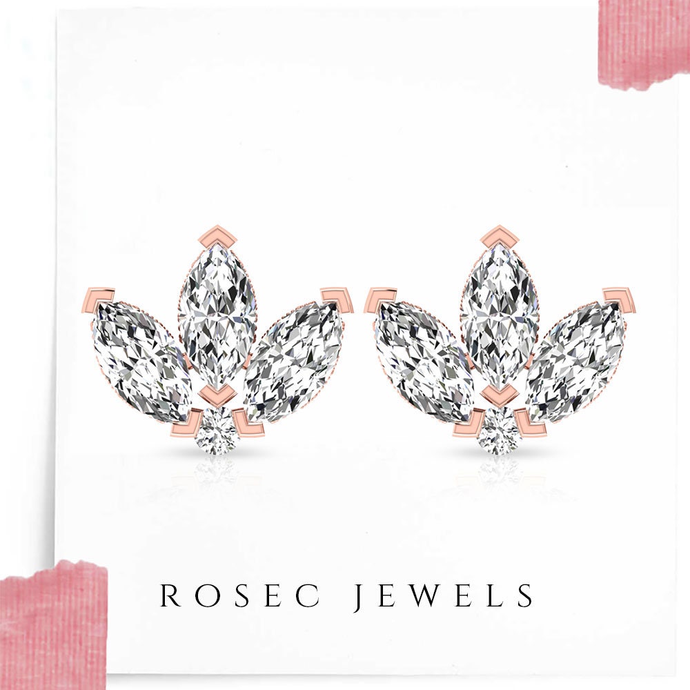 Engraved Lotus Threaded Diamond Flat Back Earring Gold Etsy