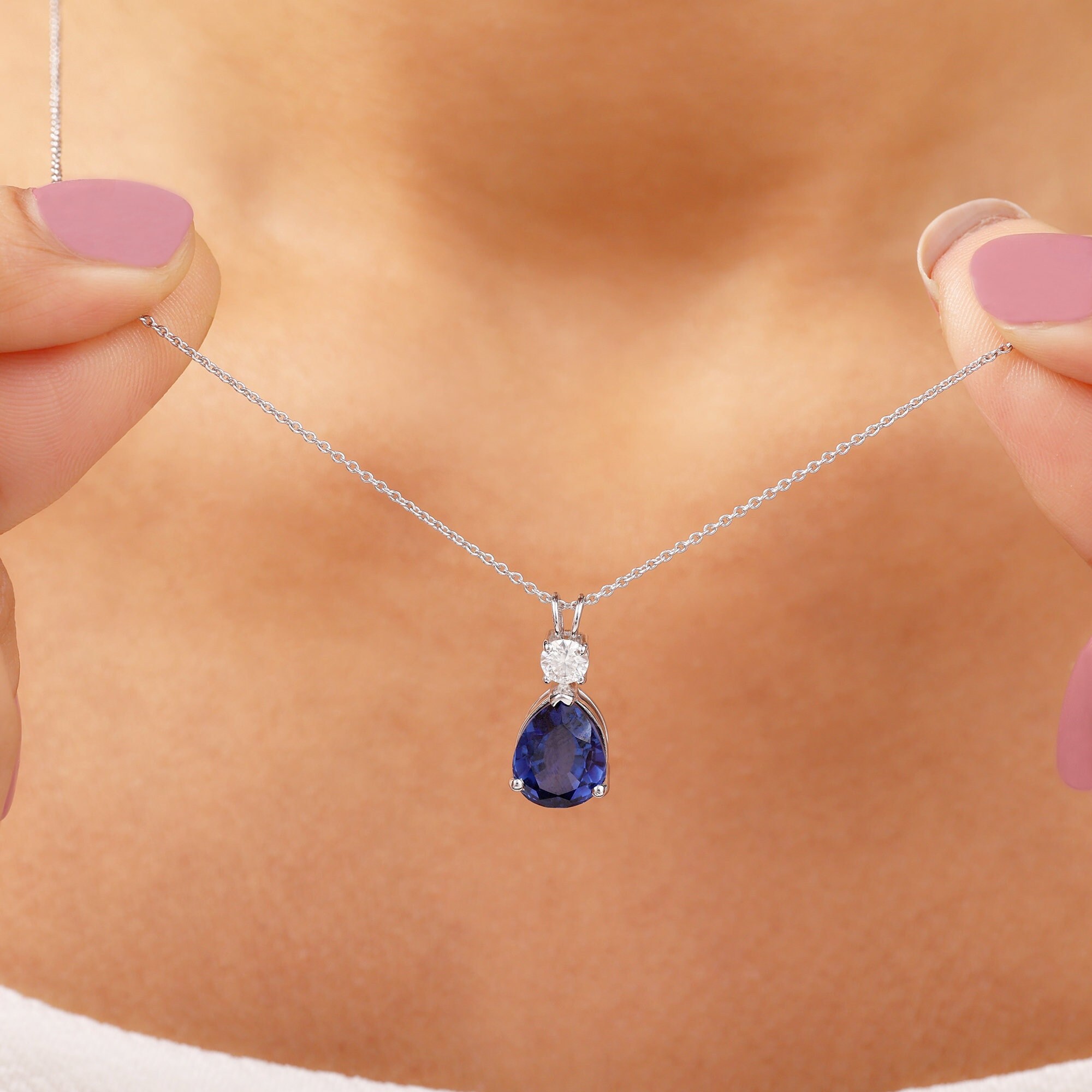 3.75 CT Teardrop Necklace Created Blue Sapphire Necklace Etsy UK