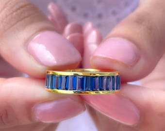 Created Blue Sapphire Band Ring, Channel Set Baguette Ring, Wide Band Ring with Stone, 14K Yellow Gold, Ring Size: 6 US