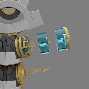 May include: A disassembled robot toy with a large eye, made of gray, white, and gold plastic. The robot has a blue and green translucent gear system.