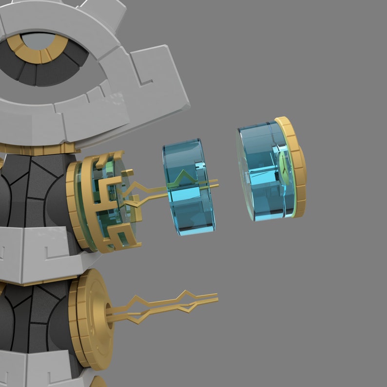 May include: A disassembled robot toy with a large eye, made of gray, white, and gold plastic. The robot has a blue and green translucent gear system.