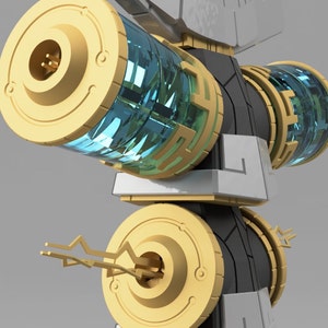 May include: A gold and blue metallic sculpture with a geometric design. The sculpture has a cylindrical shape with multiple layers and features a circular opening at the top.