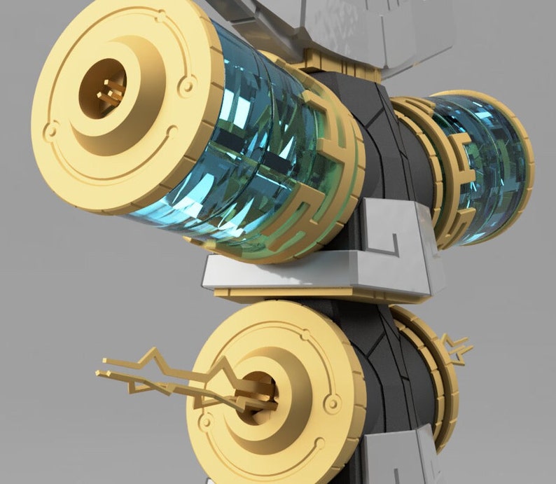 May include: A gold and blue metallic sculpture with a geometric design. The sculpture has a cylindrical shape with multiple layers and features a circular opening at the top.