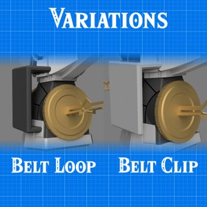 May include: Two variations of a 3D printed belt loop and belt clip. The belt loop is a black plastic loop with a gold metal ring. The belt clip is a black plastic clip with a gold metal ring. Both are designed to be attached to a belt.