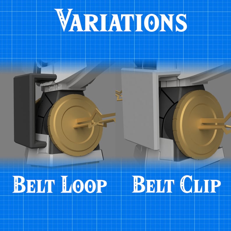 May include: Two variations of a 3D printed belt loop and belt clip. The belt loop is a black plastic loop with a gold metal ring. The belt clip is a black plastic clip with a gold metal ring. Both are designed to be attached to a belt.