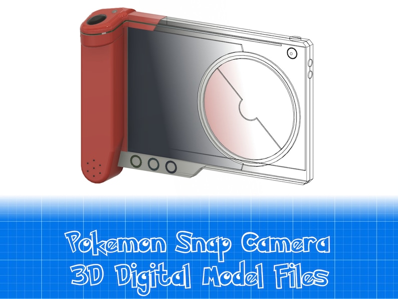 Op de afbeelding: Een 3D-model van een Pokemon Snap-camera, in rood en grijs. De camera heeft een lens aan de voorkant en een scherm aan de achterkant, en lijkt op een draagbaar apparaat.