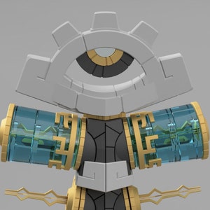 May include: A white and gold robot with a large eye in the center of its head. The robot has two blue and gold cylinders on its shoulders and a gold and black body.