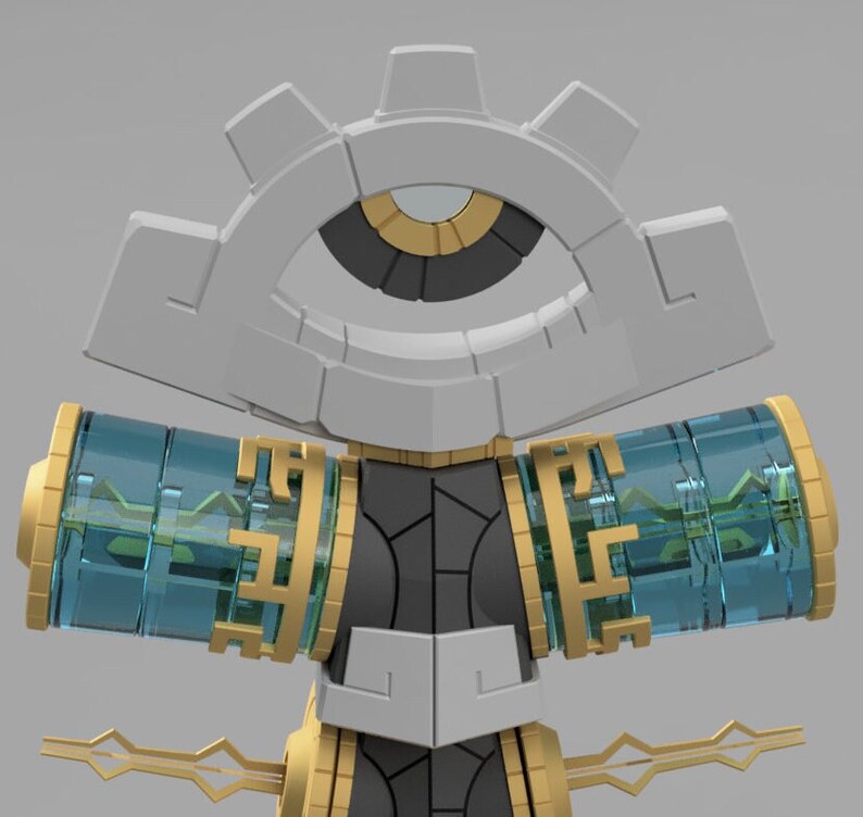 May include: A white and gold robot with a large eye in the center of its head. The robot has two blue and gold cylinders on its shoulders and a gold and black body.