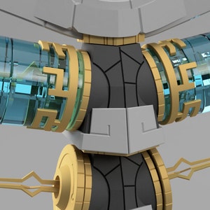 May include: A close-up of a 3D model of a robot with gold and blue accents. The robot has a cylindrical body with two arms extending out from the sides. The arms have a series of gold rings and a clear blue tube running through the center.