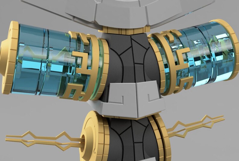 May include: A close-up of a 3D model of a robot with gold and blue accents. The robot has a cylindrical body with two arms extending out from the sides. The arms have a series of gold rings and a clear blue tube running through the center.