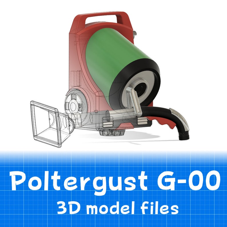 Puede incluir: Un archivo de modelo 3D para una aspiradora Poltergust G-00 roja, verde y negra. La aspiradora tiene una manguera y una boquilla.