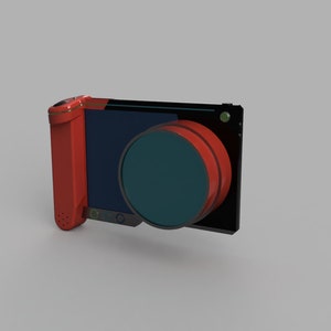 Op de afbeelding: Een rood en zwart handapparaat met een ronde lens en een scherm. Het apparaat heeft een kleine microfoon aan de zijkant.
