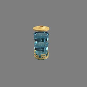 May include: A stack of three clear glass cylinders with gold trim. The top and bottom cylinders have a gold rim and the middle cylinder has a gold band around the middle. The cylinders are stacked on top of each other.