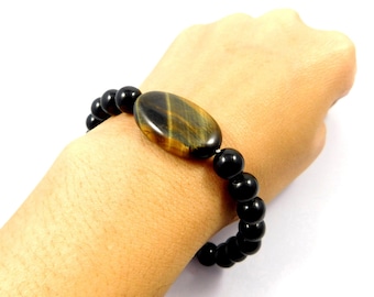 100% Natural Black Onyx & Tiger's Eye Bracelet, 8mm Round Oval Beads, Third Eye Bracelet, Glitter Bracelet, Gemstone Jewelry, Wholesale Lot