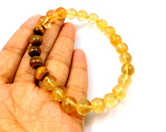 Citrine & Tiger's Eye Bracelet, 100% Natural Gemstone, 8mm Round, Healing Flash Rare Bracelet, Crystal Chakra, Wholesale Lot, Gift Jewellery