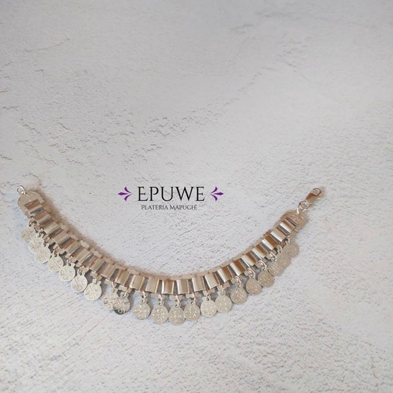 Trarilonko Mapuche design bracelet, handmade in 950 Silver, 18 cm long