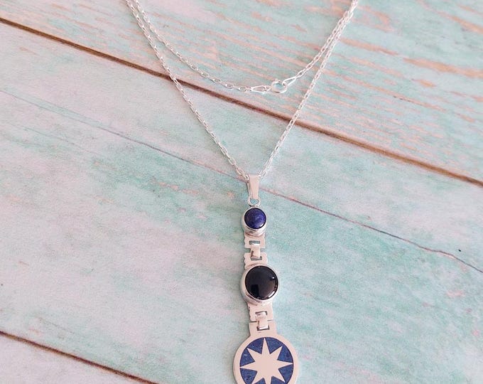 Mapuche Morning Star design pendant, handmade in 950 Silver and precious stones.