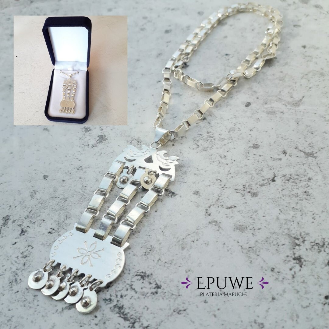 Trapelakucha pendant and chain, Mapuche designs, handmade in 950 silver ...