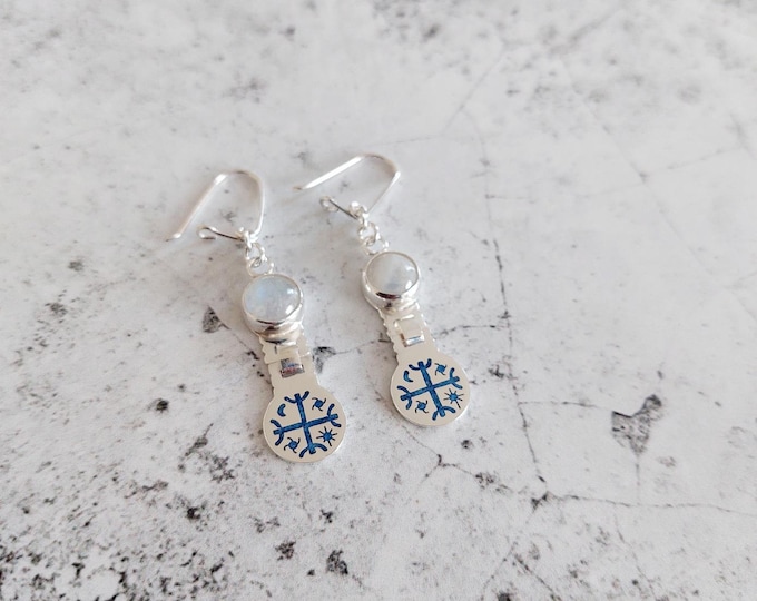 Kultrún Mapuche earrings with Moonstone, handmade in 950 silver