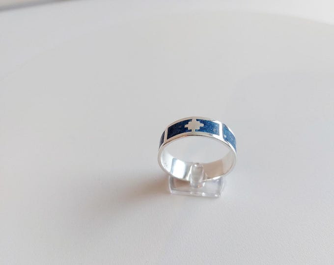 Chakana design ring, handmade in 950 Silver and Lapis Lazuli stone.