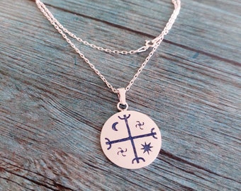 necklace, Kultrún Mapuche, 950 Silver with blue background of natural stone of Lapizlazuli. 2.5cm diameter