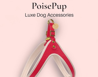 High End Quality Dog Harness Handmade with Genuine Leather and Easy Release Buckle - Red | Ivory