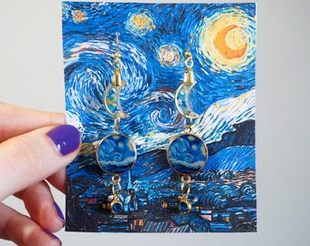 Van Gogh Starry Night Resin Earrings with Dried Flowers - Artist Jewelry, Impressionist, Baroque and Vintage Style