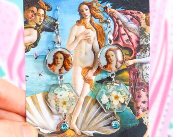 Botticelli&#39;s Venus Earrings in Resin with Dried Flowers - Artist Jewelry, Mythology, Renaissance and Vintage Style
