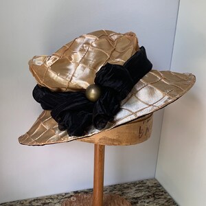 brimmed hat in gold satin pin tuck handmade by MitaniHats