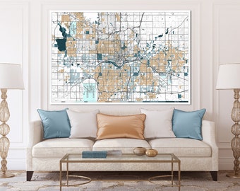OKLAHOMA CITY Oklahoma Rolled Canvas City Map Poster Soft Vintage Colors Beige and Turquoise Large Panoramic Wall Art OKC art