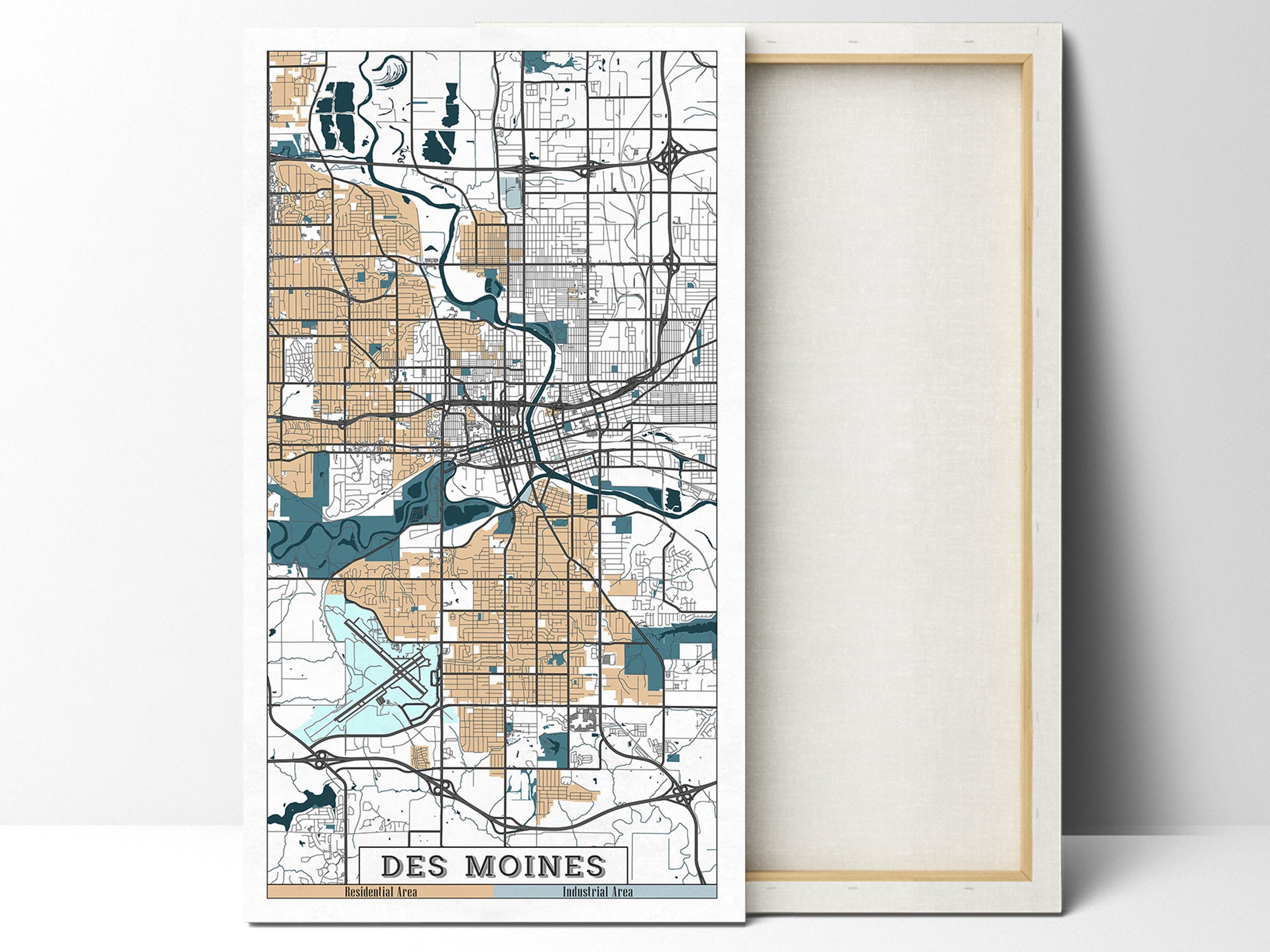 DES MOINES IA Canvas Map Large Wall Art Des Moines Iowa Map Etsy