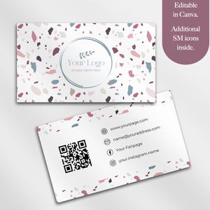 May include: A white business card with a terrazzo pattern and a circle with the text "Your Logo or your name here". The back of the card has a QR code and contact information including a website, email address, and social media handles.