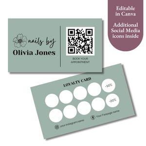 Modelo de cartão de fidelidade editável com código QR | Design de cartão de recompensas editável | Cartão de desconto para impressão | Modelo de cartão de selo do cliente Canva