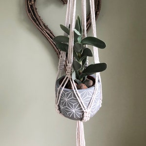 May include: A cream-coloured macrame plant hanger supporting a grey patterned pot with a green plant. The hanger is suspended from a wooden ring. A heart-shaped wreath made of twigs hangs in the background, against a pale green wall.