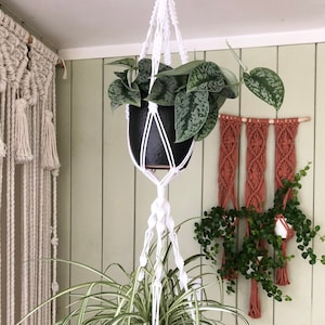 May include: White macrame plant hanger with two black pots and green plants. The hanger is hanging from a ceiling hook.