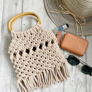Bolso de macramé, bolso con asa de madera, bolso de lujo, bolso de verano, bolso boho, bolso con borlas