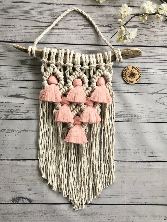 Macrame tassel wall hanging • chunky cord • driftwood • tassels • pink